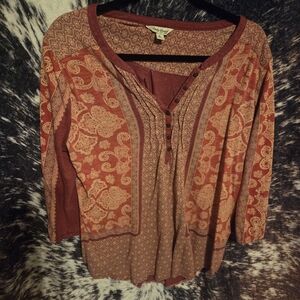 Lucky Brand Burgundy and Beige Paisley Blouse